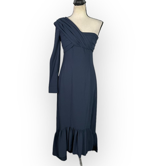 rokh One Shoulder Knot Dress Women's 38 Navy Blue Crepe Midi Ruffle RTR - Picture 3 of 11